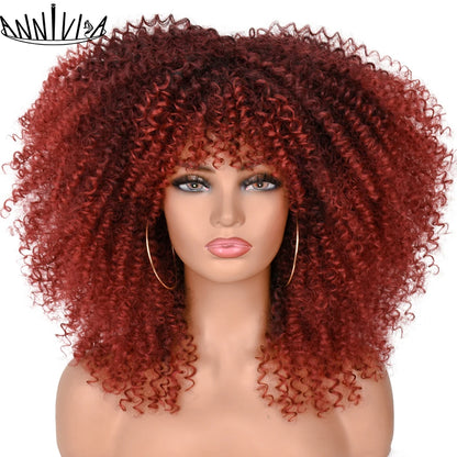 Curly Wigs For Black Women Short Kinky Curly Afro Wigs With Bangs 16 Inch Brown Afro Hair Synthetic Fibre Cosplay Hair