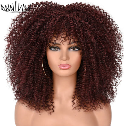 Curly Wigs For Black Women Short Kinky Curly Afro Wigs With Bangs 16 Inch Brown Afro Hair Synthetic Fibre Cosplay Hair