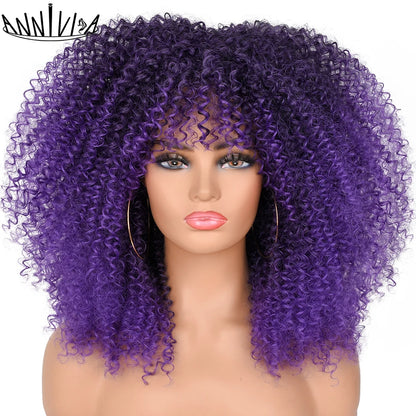 Curly Wigs For Black Women Short Kinky Curly Afro Wigs With Bangs 16 Inch Brown Afro Hair Synthetic Fibre Cosplay Hair