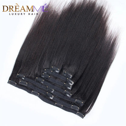 Light Yaki Straight Clips In Human Hair Extensions  Natural Color Kinky Coarse Yaki In Brazilian Remy Human Hair 120G 8Pcs/Set
