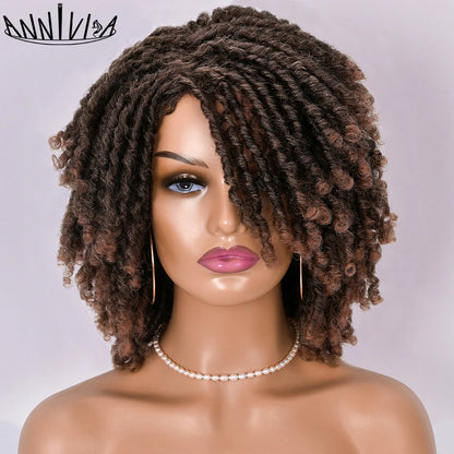Short Dreadlock Hair Wig Curly Synthetic Soft Faux Locs Wigs With Bangs For Black Women Ombre Crochet Twist Hair Wigs Annivia