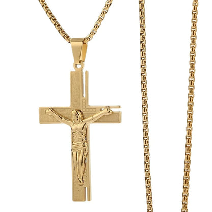 Men's Jesus Christ Crucifix Gold Plated Cross Religious Pendant Necklace with Chain Jewelry