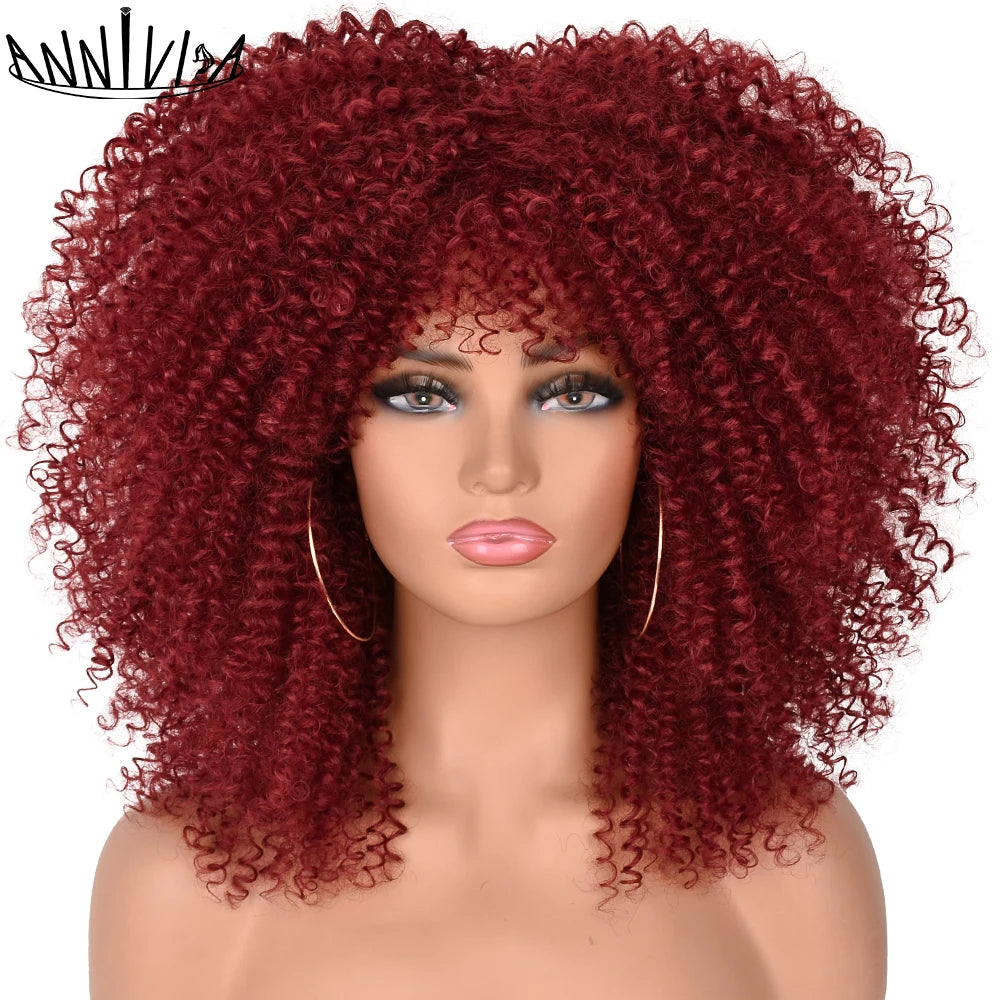 Curly Wigs For Black Women Short Kinky Curly Afro Wigs With Bangs 16 Inch Brown Afro Hair Synthetic Fibre Cosplay Hair