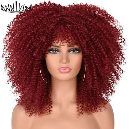 Curly Wigs For Black Women Short Kinky Curly Afro Wigs With Bangs 16 Inch Brown Afro Hair Synthetic Fibre Cosplay Hair
