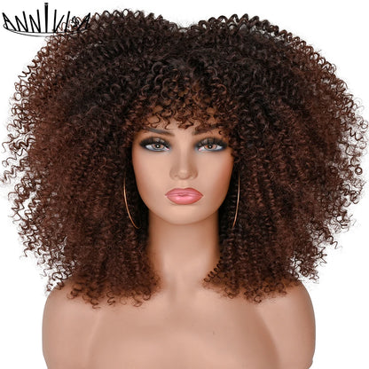 Curly Wigs For Black Women Short Kinky Curly Afro Wigs With Bangs 16 Inch Brown Afro Hair Synthetic Fibre Cosplay Hair