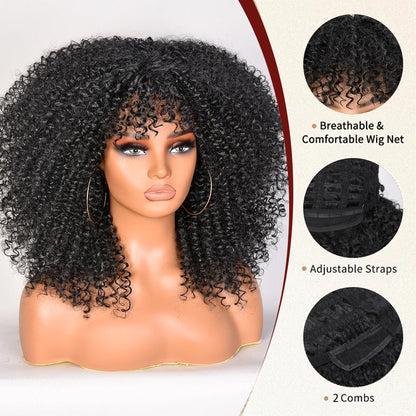 Curly Wigs For Black Women Short Kinky Curly Afro Wigs With Bangs 16 Inch Brown Afro Hair Synthetic Fibre Cosplay Hair