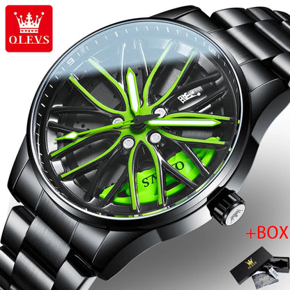 OLEVS Rotation Rim Hub Sports Car Watch Men Watches Waterproof Stainless Steel Wheel Quartz Wristwatch Men with Luminous Hands