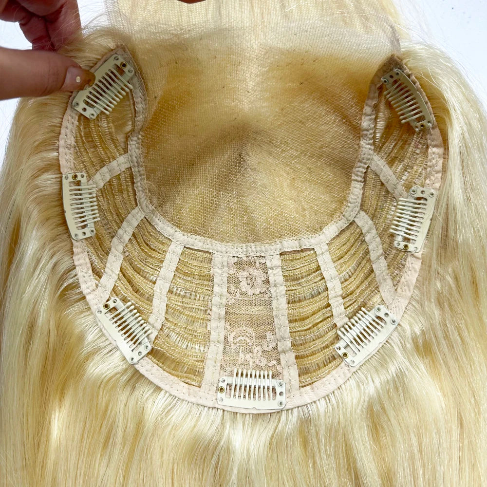 Transparent HD Lace Wefted Topper #613 Honey Blonde Remy Human Hair 6X6 8X8inch with 4X4inch Swiss Lace Overlay for Women Topper