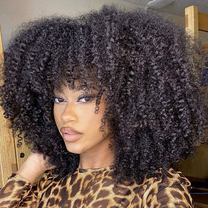 Afro Kinky Curly Hunan Hair Wigs with Bangs Full Machine Made Wig 250 Density Remy Brazilian Short Curly Bangs Wig Human Hair