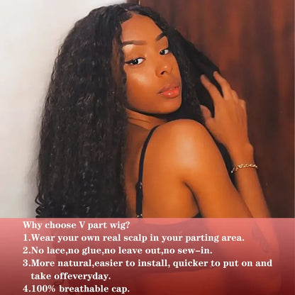 Afro Curly V Part Wig Synthetic Kinky Straight with Bouncy Curly Ends Fluffy Bouncy Hair for Women No Leave Out Clip in Half Wig