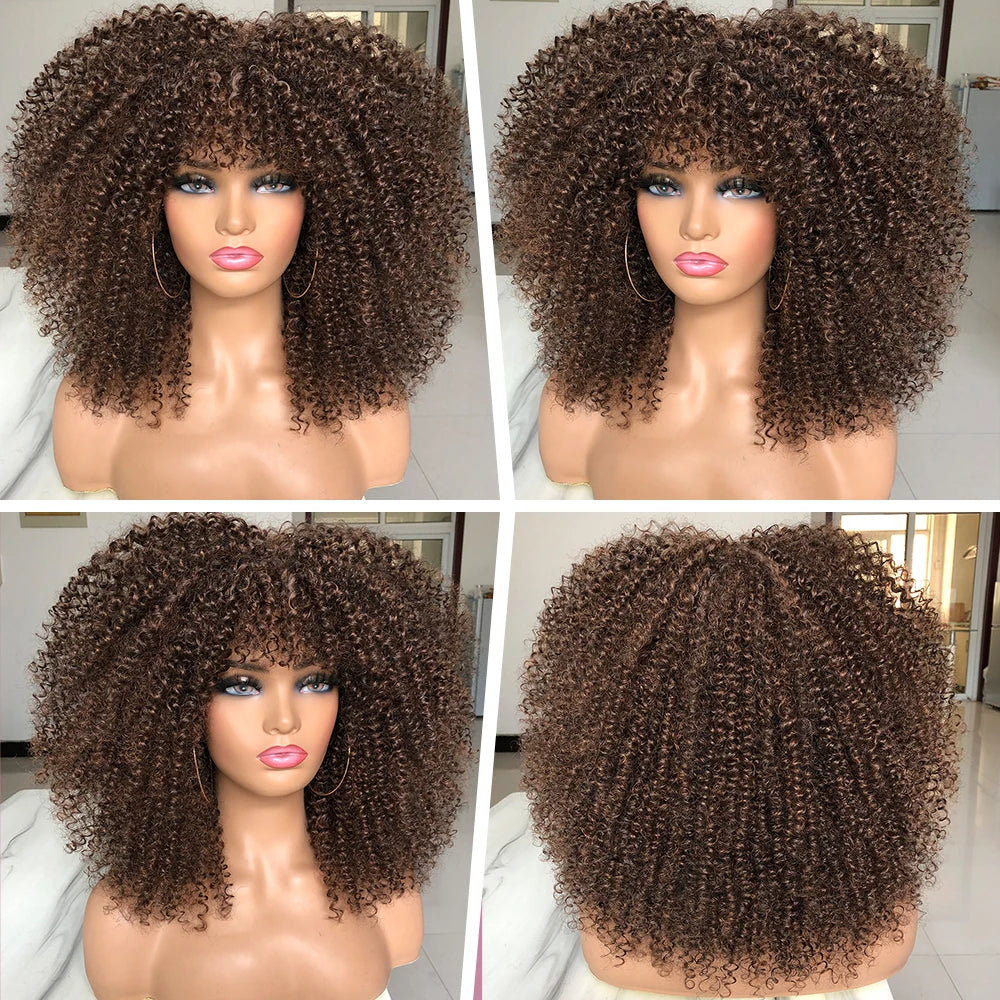 Curly Wigs For Black Women Short Kinky Curly Afro Wigs With Bangs 16 Inch Brown Afro Hair Synthetic Fibre Cosplay Hair