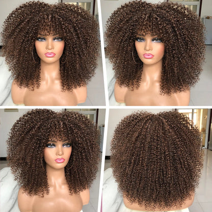 Curly Wigs For Black Women Short Kinky Curly Afro Wigs With Bangs 16 Inch Brown Afro Hair Synthetic Fibre Cosplay Hair