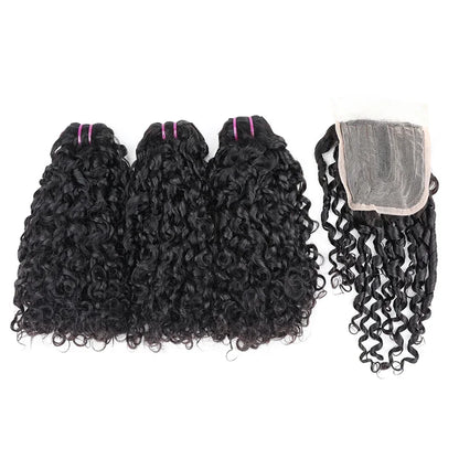 Double Drawn Pixie Curl Hair Bundles with Closure Brazilian Bouncy Curl Virgin Human Raw Hair Bundle Extensions 4x4 Lace Closure