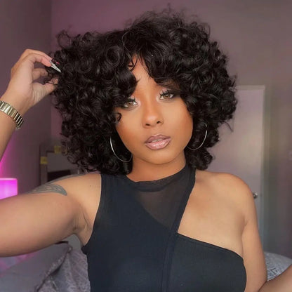 Afro Kinky Curly Hunan Hair Wigs with Bangs Full Machine Made Wig 250 Density Remy Brazilian Short Curly Bangs Wig Human Hair