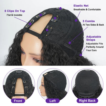 Afro Curly V Part Wig Synthetic Kinky Straight with Bouncy Curly Ends Fluffy Bouncy Hair for Women No Leave Out Clip in Half Wig