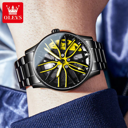 OLEVS Rotation Rim Hub Sports Car Watch Men Watches Waterproof Stainless Steel Wheel Quartz Wristwatch Men with Luminous Hands