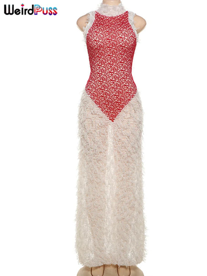 Weird Puss Sexy Hollow Backless Dress Women Chic Short Tassels See Through Sleeveless Contrast Sexy Birthday Party Maxi Bodycon