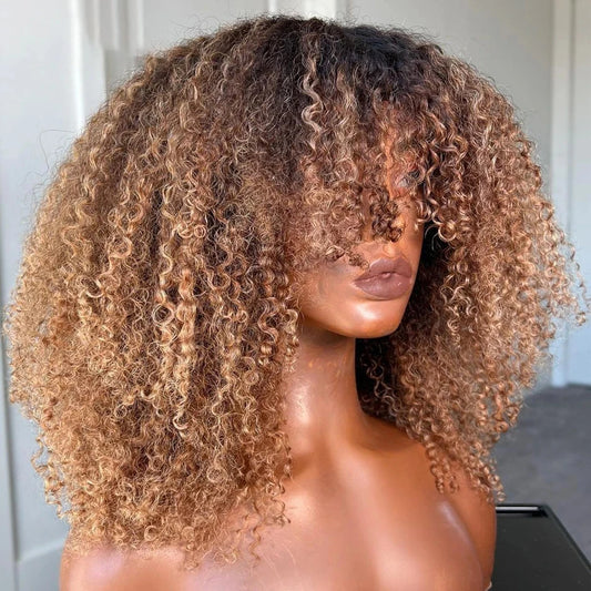 Highlights Blonde Jerry Curly Full Machine Made Wig With Bangs Brazilian Remy Human Hair Wig Ombre Brown Colored For Black Women