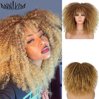 Curly Wigs For Black Women Short Kinky Curly Afro Wigs With Bangs 16 Inch Brown Afro Hair Synthetic Fibre Cosplay Hair