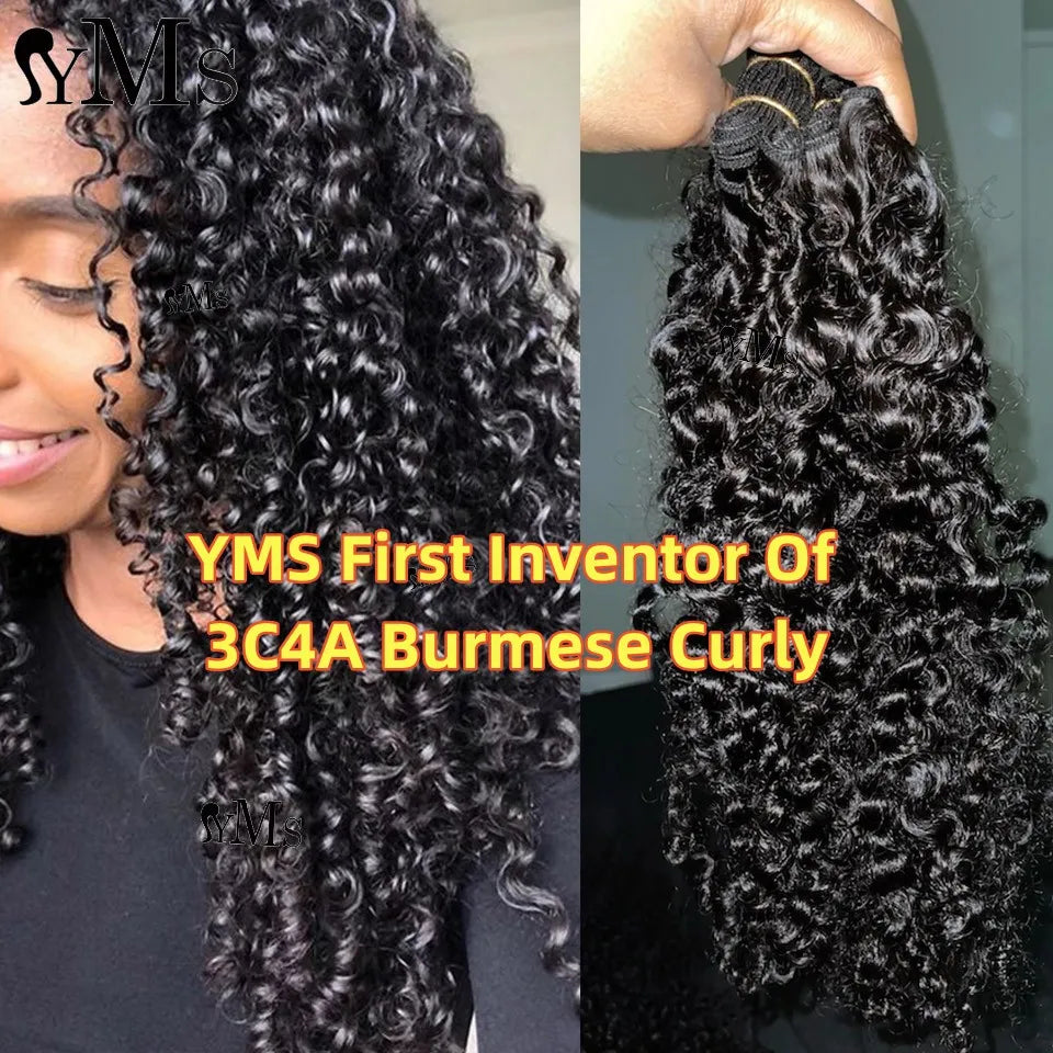 Real Burmese 3C4A Curly Human Hair 2/3/4 Bundle Deals Weft Extensions YMS Burmese Curly Raw Human Hair Bundles Weave Full Head