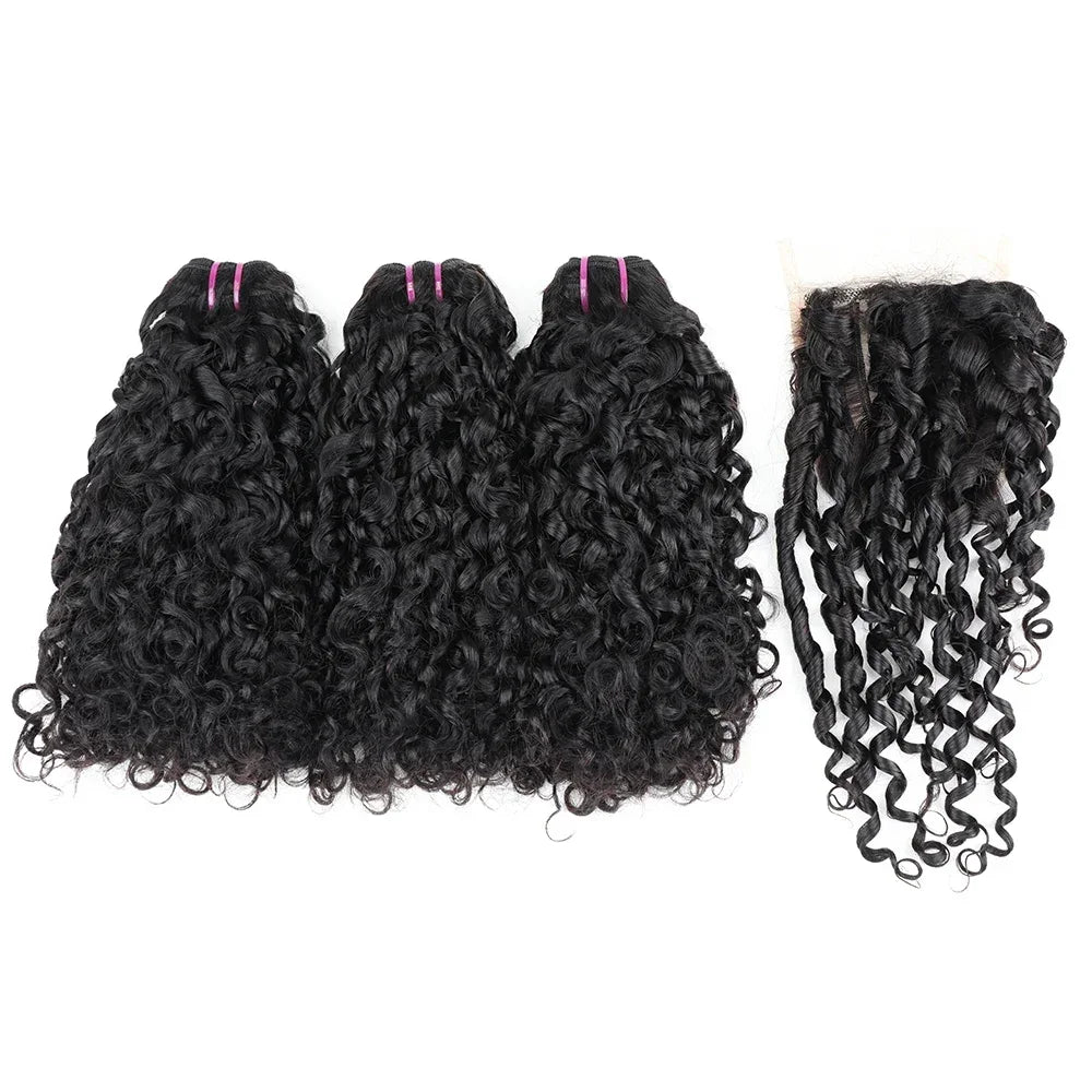 Double Drawn Pixie Curl Hair Bundles with Closure Brazilian Bouncy Curl Virgin Human Raw Hair Bundle Extensions 4x4 Lace Closure