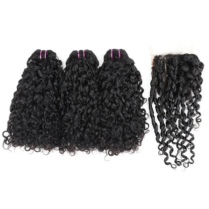 Double Drawn Pixie Curl Hair Bundles with Closure Brazilian Bouncy Curl Virgin Human Raw Hair Bundle Extensions 4x4 Lace Closure