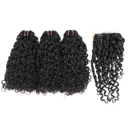 Double Drawn Pixie Curl Hair Bundles with Closure Brazilian Bouncy Curl Virgin Human Raw Hair Bundle Extensions 4x4 Lace Closure