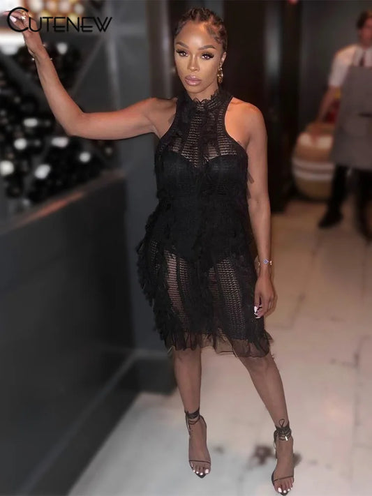 Cutenew Mesh Patchwork Mini Dresses Women Summer Sexy Sleeveless Holes See Through Skinny Vestidos Female Stunning Party Wear