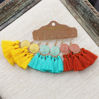 Women Bohemian Colored Tassel Dangling Earrings For Girl Pagoda Fan Dangling Earrings Eardrop Female Net Flowe Fashion Jewelry
