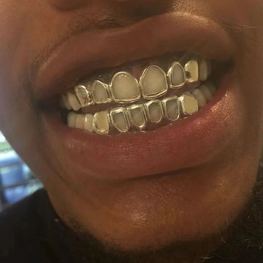 RACHELZ Classic 4 Hollow Glossy Teeth Grillz Hip Hop Gold Silver Color Tooth Caps For Women Men Jewelry Halloween Cosplay