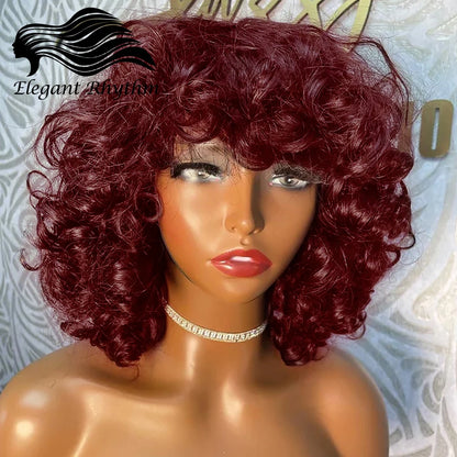 Short Curly Bob Wig Human Hair With Bangs Ready to Go Glueless Bouncy Curly Human Hair Wigs Machine Made Afro Wigs for Women