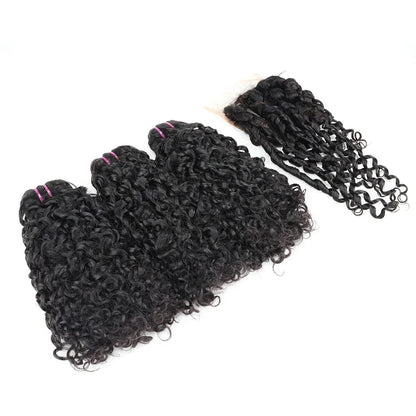 Double Drawn Pixie Curl Hair Bundles with Closure Brazilian Bouncy Curl Virgin Human Raw Hair Bundle Extensions 4x4 Lace Closure