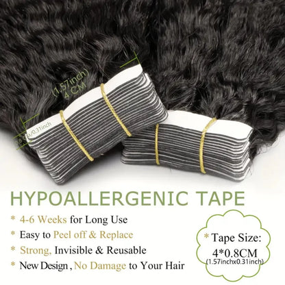 Kinky Straight Invisible Tape In 100% Human Hair Extensions 16"-26" Skin Weft Natural Black 100% Remy Hair Adhesive 20pcs/pack