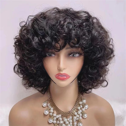 Fumi Curly Human Hair Wigs Fringe Wig Pixie Cut Rose Curly Cheap Full Machine Wigs Egg Curl Short Bob Wig With Bangs 300 Density