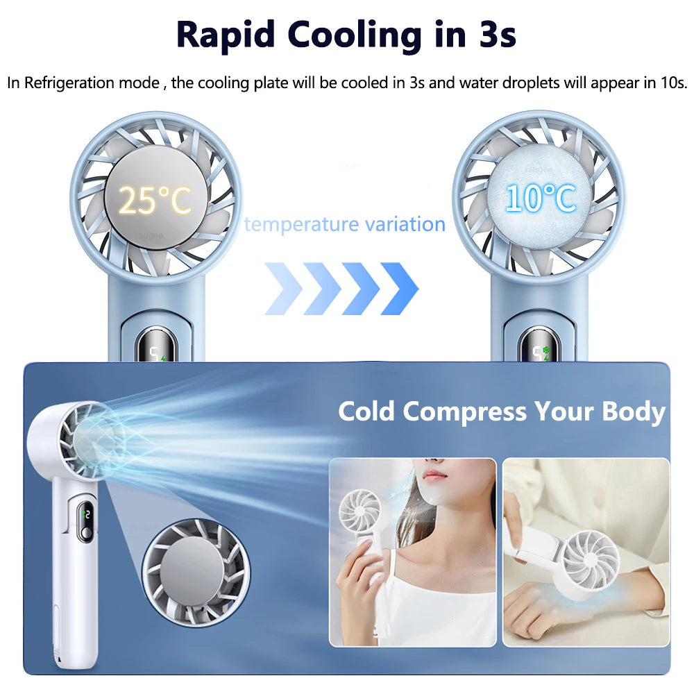 Portable Fan Mini Handheld Turbo Fan with Semiconductor Refrigeration Ice Cooling Fan 4000mAh USB Rechargeable Hanging Neck Fan