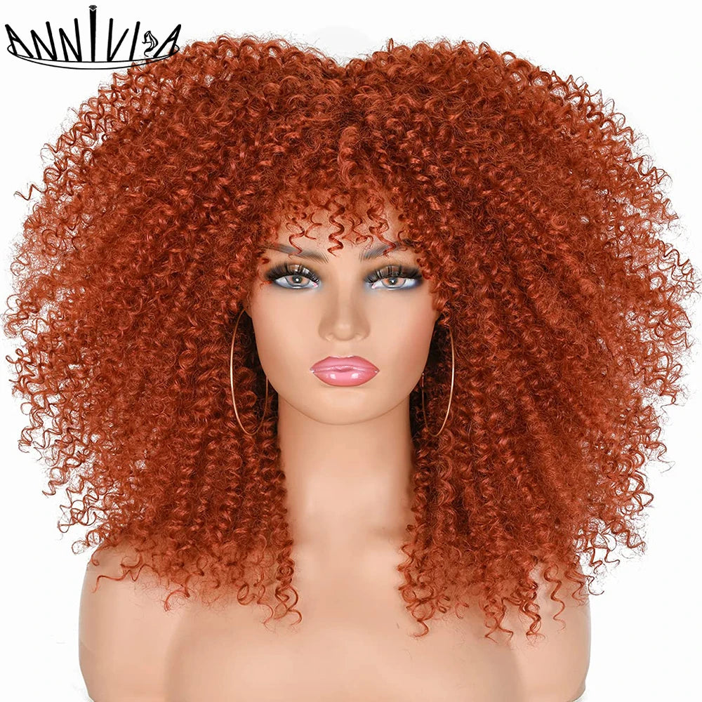 Curly Wigs For Black Women Short Kinky Curly Afro Wigs With Bangs 16 Inch Brown Afro Hair Synthetic Fibre Cosplay Hair