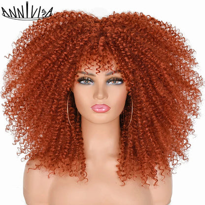 Curly Wigs For Black Women Short Kinky Curly Afro Wigs With Bangs 16 Inch Brown Afro Hair Synthetic Fibre Cosplay Hair