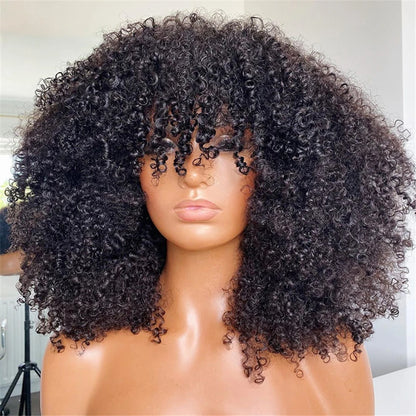 Afro Kinky Curly Hunan Hair Wigs with Bangs Full Machine Made Wig 250 Density Remy Brazilian Short Curly Bangs Wig Human Hair
