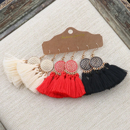 Women Bohemian Colored Tassel Dangling Earrings For Girl Pagoda Fan Dangling Earrings Eardrop Female Net Flowe Fashion Jewelry