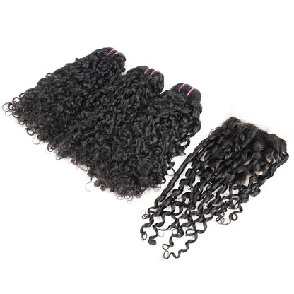 Double Drawn Pixie Curl Hair Bundles with Closure Brazilian Bouncy Curl Virgin Human Raw Hair Bundle Extensions 4x4 Lace Closure