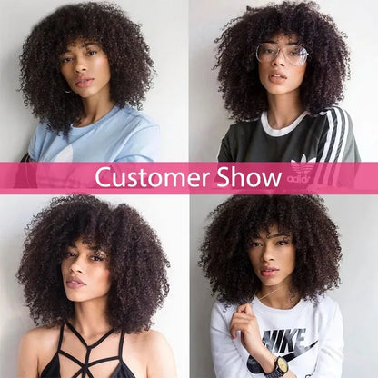 Afro Kinky Curly Hunan Hair Wigs with Bangs Full Machine Made Wig 250 Density Remy Brazilian Short Curly Bangs Wig Human Hair