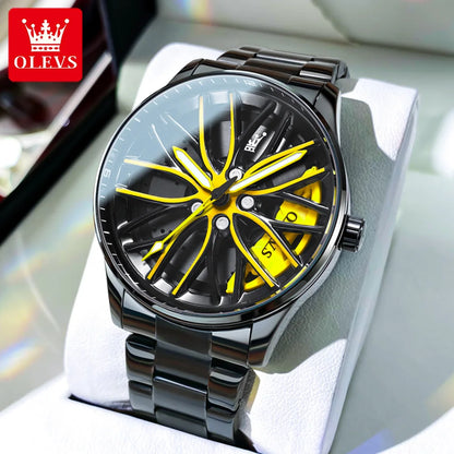 OLEVS Rotation Rim Hub Sports Car Watch Men Watches Waterproof Stainless Steel Wheel Quartz Wristwatch Men with Luminous Hands