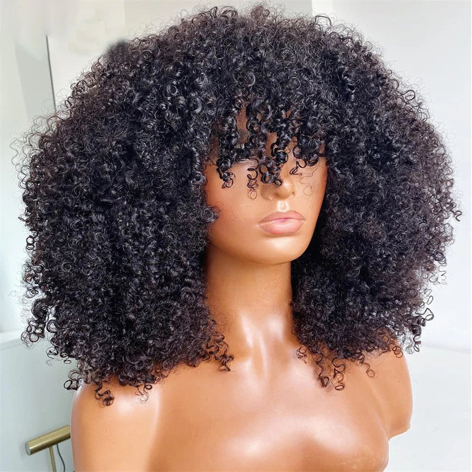 Afro Kinky Curly Hunan Hair Wigs with Bangs Full Machine Made Wig 250 Density Remy Brazilian Short Curly Bangs Wig Human Hair