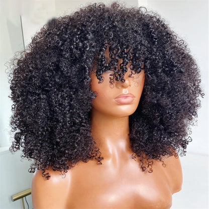 Afro Kinky Curly Hunan Hair Wigs with Bangs Full Machine Made Wig 250 Density Remy Brazilian Short Curly Bangs Wig Human Hair