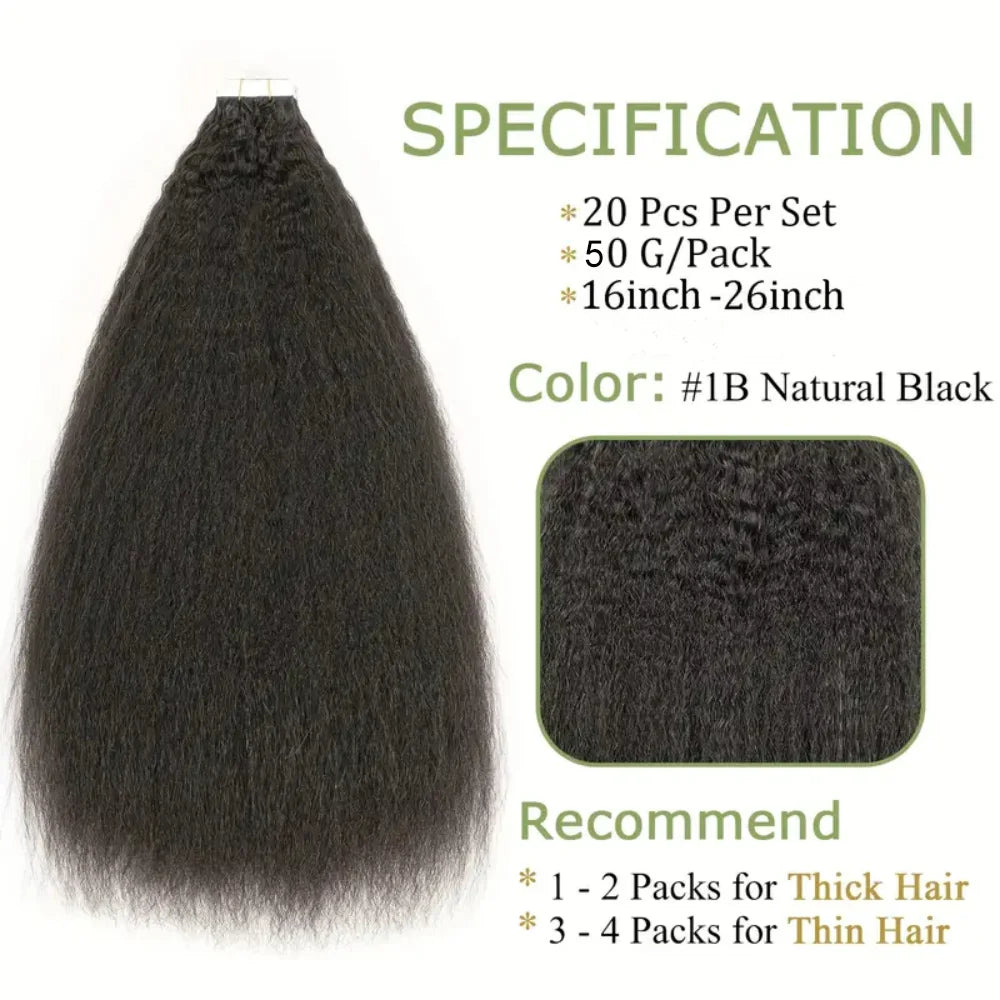 Kinky Straight Invisible Tape In 100% Human Hair Extensions 16"-26" Skin Weft Natural Black 100% Remy Hair Adhesive 20pcs/pack