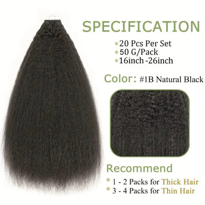 Kinky Straight Invisible Tape In 100% Human Hair Extensions 16"-26" Skin Weft Natural Black 100% Remy Hair Adhesive 20pcs/pack