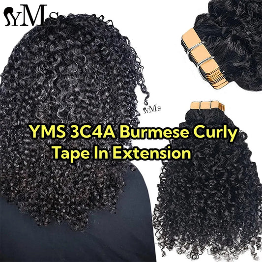 Sassy 3C4A Burmese Curly Tape In Human Hair Extensions For Women YMS Curly Pu Tape Ins Hair Adhesive Invisible Bundles Full Head
