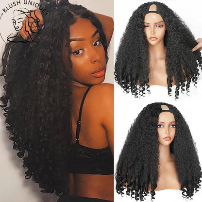 Afro Curly V Part Wig Synthetic Kinky Straight with Bouncy Curly Ends Fluffy Bouncy Hair for Women No Leave Out Clip in Half Wig