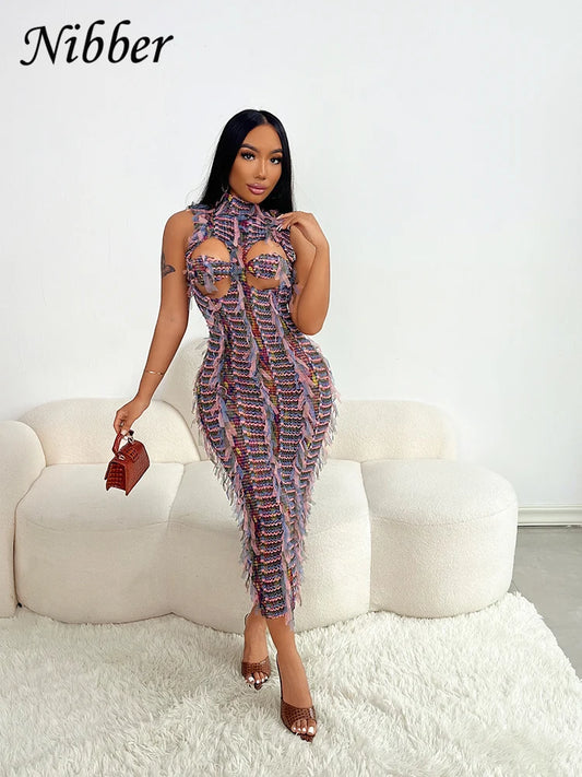 Nibber Sexy Hollow Dress Women Knit Colorful Tassel Backless Y2k 2024 Summer Trend Stretch Sleeveless Elastic Bodycon Clubwear