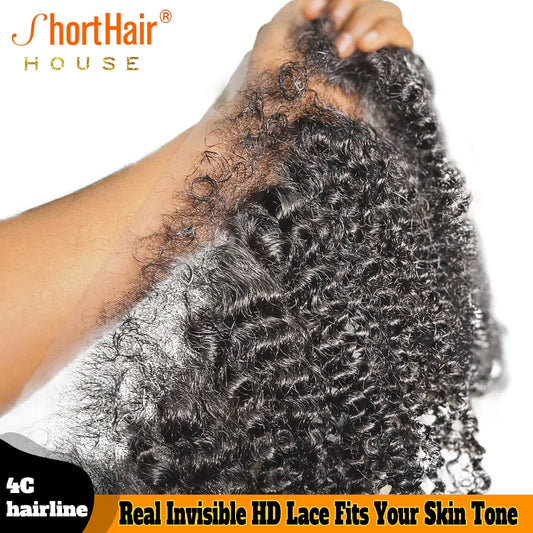 4C Hairline Kinky Curly 13x4 Invisible HD Lace Frontal Human Hair 5x5 Lace Closures Only Brazilian Curly Baby Hair Small Knots
